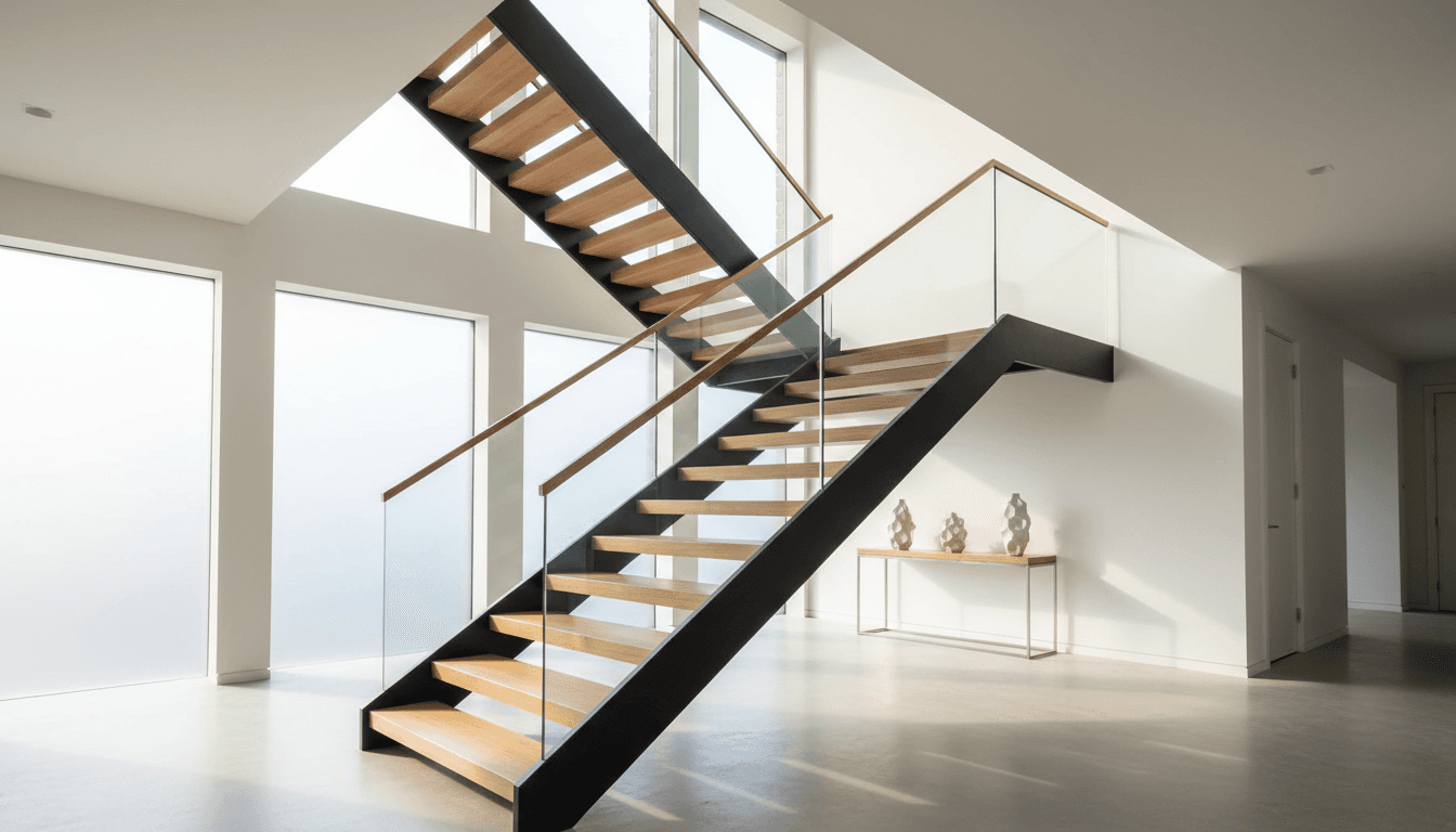 Residential staircase with a stairlift installed, warm interior lighting