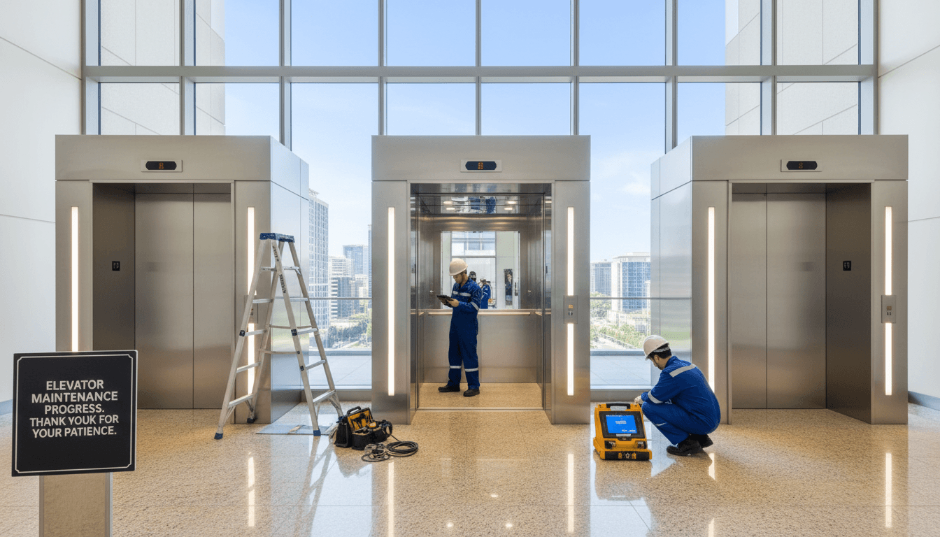 Modern commercial elevator lobby with two technicians performing scheduled maintenance on updated stainless steel elevator doors