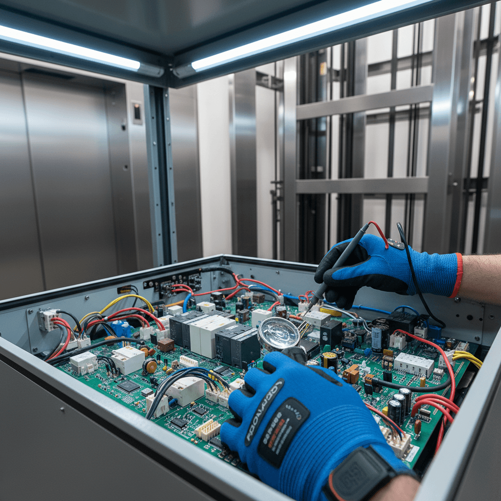 Elevator technician working on a residential elevator control panel