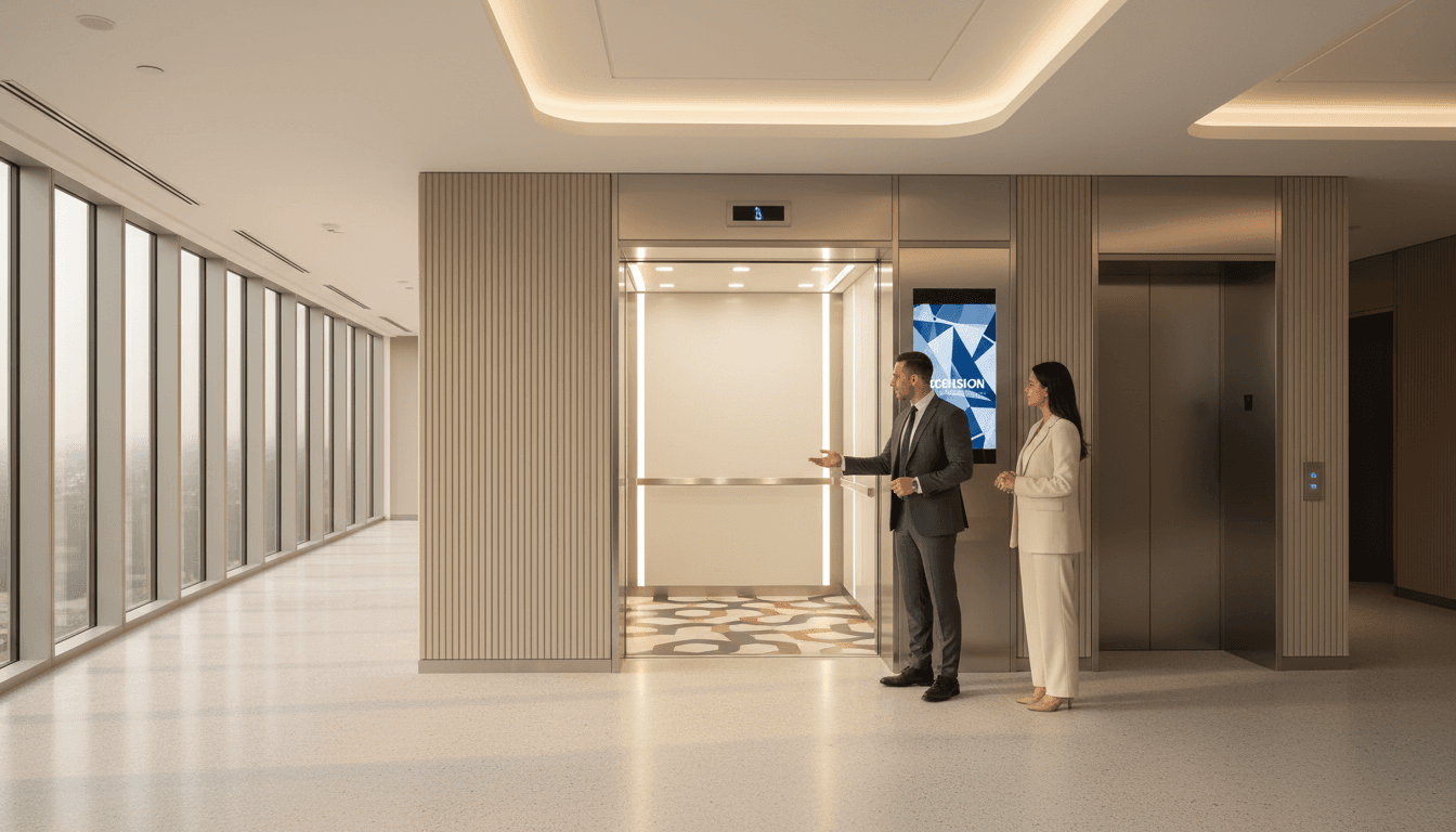 Modern glass-fronted elevator in contemporary high-rise corridor with professionals demonstrating system in bright natural light